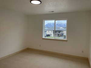 Empty room featuring carpet flooring and a mountain view
