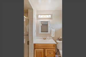 Full bath featuring vanity and a stall shower