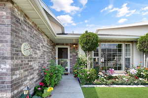 Doorway to property featuring brick siding and stucco siding