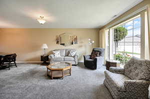 Living room with carpet floors and a textured ceiling