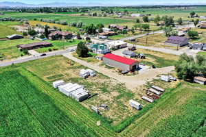 Aerial view of sparsely populated area featuring rows of crops and mountains