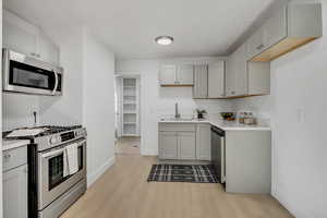 Kitchen with stainless steel appliances, gray cabinets, and light wood-style flooring