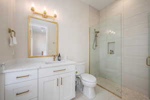 Full bathroom with vanity and a stall shower