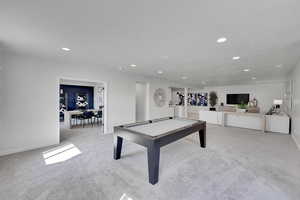 Game room featuring light carpet, recessed lighting, pool table, and a textured ceiling