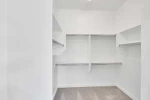 Walk in closet with light colored carpet