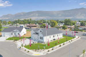 Aerial perspective of suburban area featuring mountains