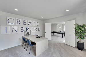 Office space featuring light colored carpet, recessed lighting, and billiards