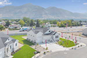 Aerial perspective of suburban area with mountains