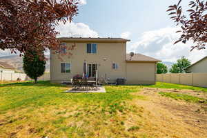 Back of house featuring a patio area, a fenced backyard, and a mountain view