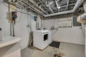 Washroom featuring electric panel and washing machine and clothes dryer