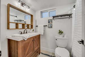 Full bathroom with vanity, light wood-style flooring, and a shower with curtain