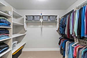 Walk in closet featuring light carpet
