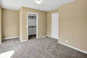 Unfurnished bedroom featuring a spacious closet and light colored carpet