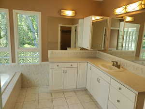 Full bath featuring healthy amount of natural light, a walk in closet, double vanity, and a garden tub