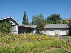 Single story home featuring a garage, driveway, and a ceiling fan