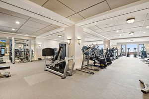 Gym featuring a drop ceiling, recessed lighting, and carpet floors