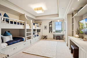 Bedroom featuring a raised ceiling and light carpet
