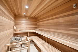 Sauna / steam room featuring wooden ceiling, wood walls, and recessed lighting