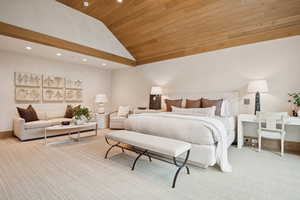 Bedroom featuring recessed lighting, wooden ceiling, and high vaulted ceiling