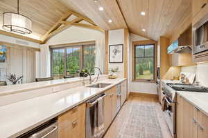 Kitchen featuring wooden ceiling, stainless steel appliances, vaulted ceiling, light wood-style floors, and decorative light fixtures