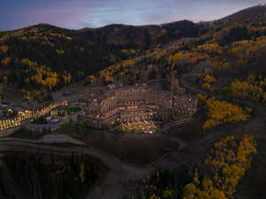 Aerial view at dusk of a forest view and a mountain view