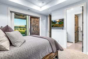 Bedroom with carpet, access to outside, and recessed lighting