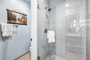 Full bathroom featuring a stall shower and toilet
