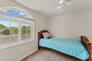 Bedroom with carpet flooring and a textured ceiling