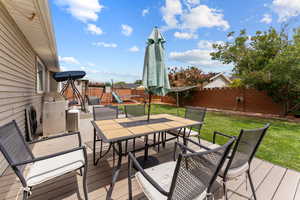 Wooden deck with outdoor dining area, a playground, a fenced backyard, and grilling area