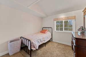 Bedroom featuring light colored carpet and vaulted ceiling