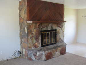 Detailed view of carpet flooring and a stone fireplace