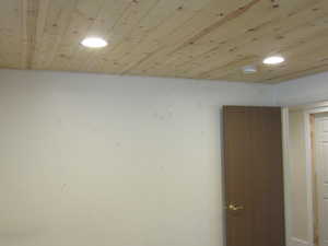 Detailed view of wood ceiling and recessed lighting
