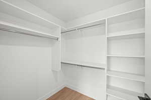 Walk in closet with light wood-type flooring