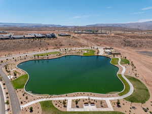Bird's eye view of a water and mountain view and a desert landscape