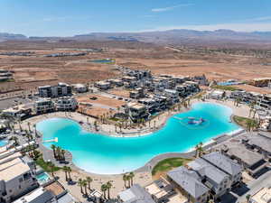 Drone / aerial view of a mountain backdrop and Desert Color Lagoon