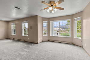 Spare room featuring carpet flooring, a mountain view, healthy amount of natural light, and a textured ceiling