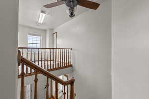Staircase featuring a ceiling fan