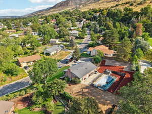 Aerial perspective of suburban area with mountains