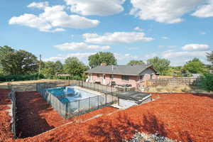 View of swimming pool with a fenced backyard and a hot tub