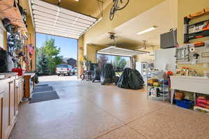 Garage featuring a workshop area