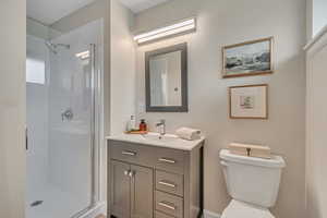 Full bathroom featuring a shower stall and vanity