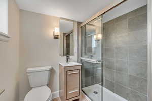 Bathroom featuring vanity and a stall shower