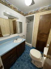 Full bath featuring a shower stall, a textured ceiling, vanity, and dark floors