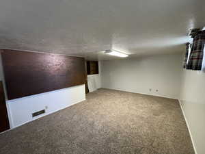 Finished basement featuring carpet floors and a textured ceiling