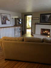 Living room featuring wood finished floors and a lit fireplace