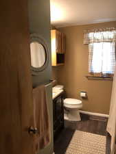 Bathroom with dark wood finished floors and vanity
