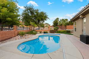 View of swimming pool featuring a fenced backyard and a patio area