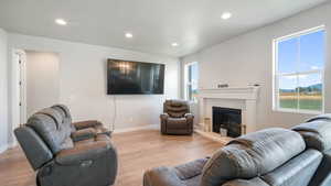 Living area featuring recessed lighting, light wood-type flooring, a glass covered fireplace, and plenty of natural light