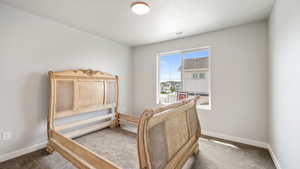 Carpeted bedroom with baseboards