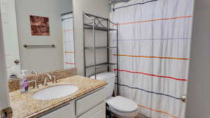 Full bathroom with vanity and a shower with shower curtain